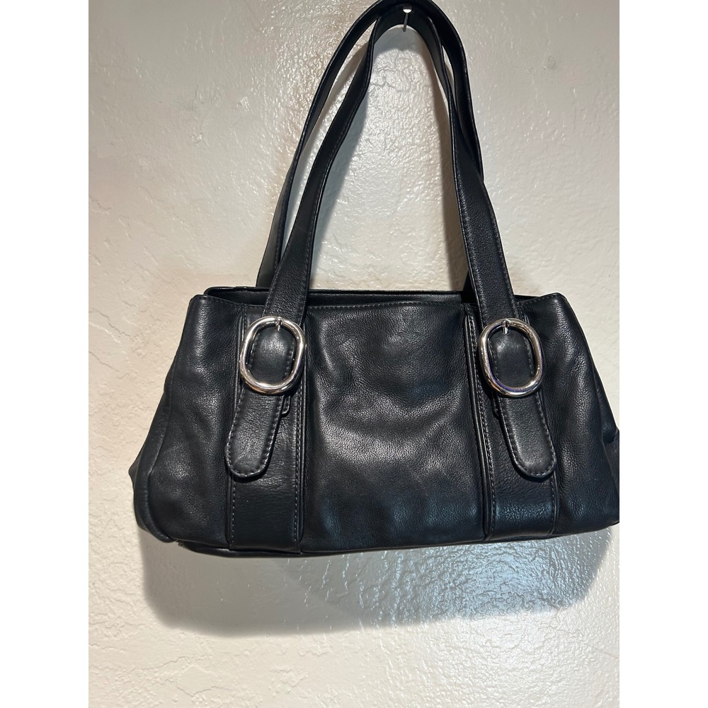 Worthington Black Pebbled Faux Leather Shoulder Bag Silver Buckle Triple Pocket